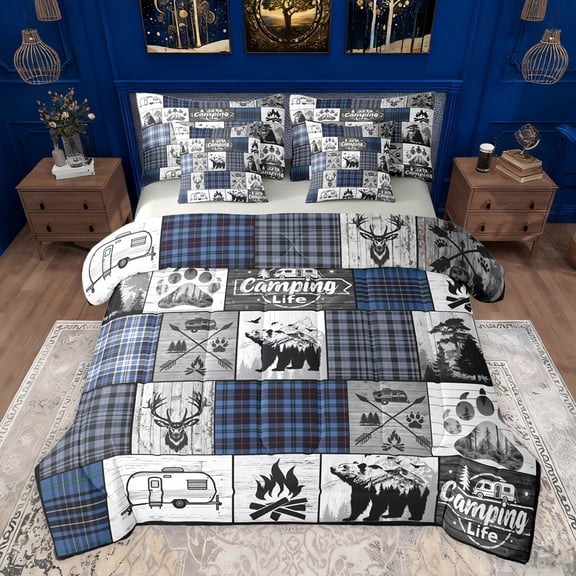jejeloiu Happy Camping 7-Piece Twin Bedding Sets,Safari Bear Deer Bedding Comforter Set,Blue Gray Check Sheet Sets For Kids,Microfiber Bedroom Decor Reversible