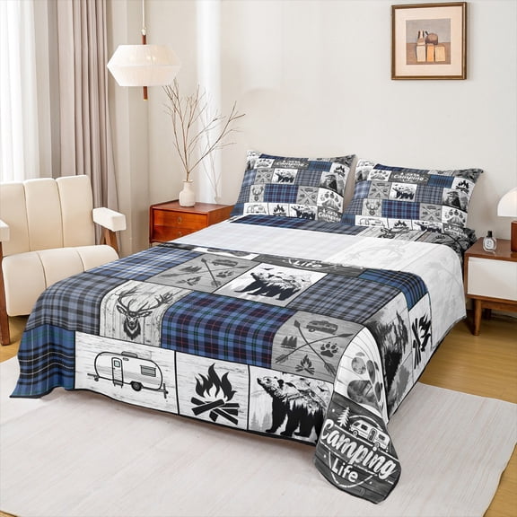 jejeloiu Happy Camping Bed Sheets,Safari Bear Deer King Sheets,Blue Gray Check Sheet Set For Kids,Microfiber Bedroom Decor,4pcs