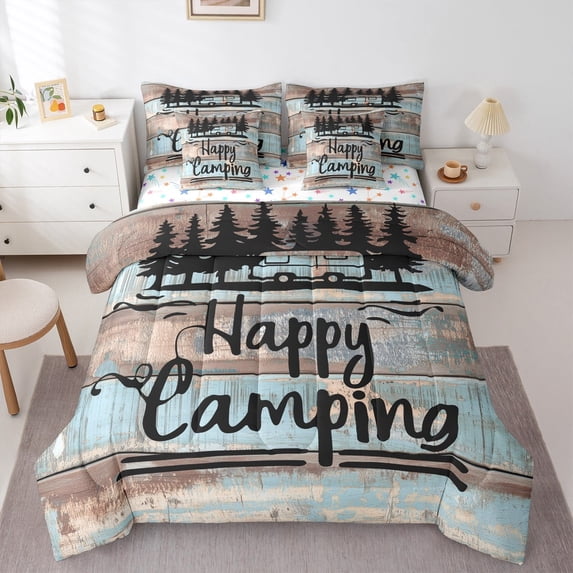jejeloiu Happy Camping Bedding Comforter Set 7-Piece,Camper Theme King Bedding Sets,Rustic Farmhouse Cabin Bed Sheets For Children,Microfiber Bedroom Decor Reversible