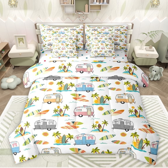 jejeloiu Happy Camping Car 7-Piece Bedding Comforter Set,Hawaii Holiday King Bedding Sets,Ocean Surfing Bed Sheets For Boys Girls,Breathable Home Decor Reversible