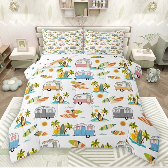 jejeloiu Happy Camping Car Queen Comforter Set,Hawaii Holiday Bedding Sets,Ocean Surfing Bedding Comforter Set For Boys Girls,Breathable Home Decor Reversible,3pcs