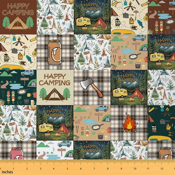 jejeloiu Happy Camping Fabric by the Yard 1 Yard,Colorful Travel Trailer Home Decor Fabric by the Yard,Outdoor Camper Sewing Fabric For Girls Boys,Super Cozy Room Decor