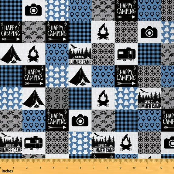 jejeloiu Happy Camping Fabric by the Yard 1 Yard,Patchwork Geometric Plaid Home Decor Fabric by the Yard,Blue Gray Black Sewing Fabric For Teens,Ultra Soft Home Decor