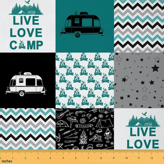 jejeloiu Happy Camping Fabric by the Yard 2 Yards,Geometric Waves Stripes Room Decor Fabric by the Yard,Camper Travel Trailer Fabric for Sewing For Boys Kids,Ultra Soft Home Decor