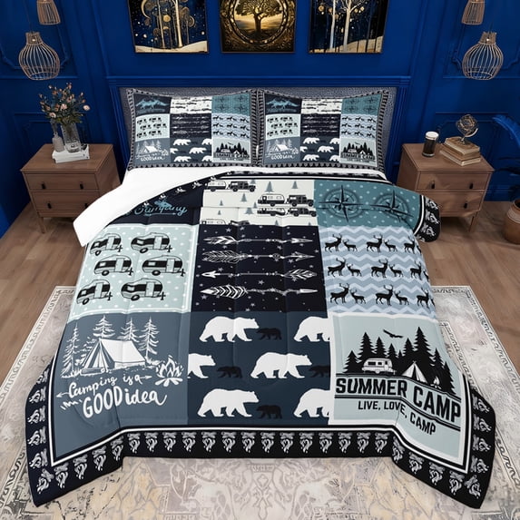 jejeloiu Happy Camping Full Size Comforter Sets,Wild Bear Deer Bedding Comforter Set,Blue Black Bedding Sets For Boys Kids,Super Cozy Room Decor,3pcs