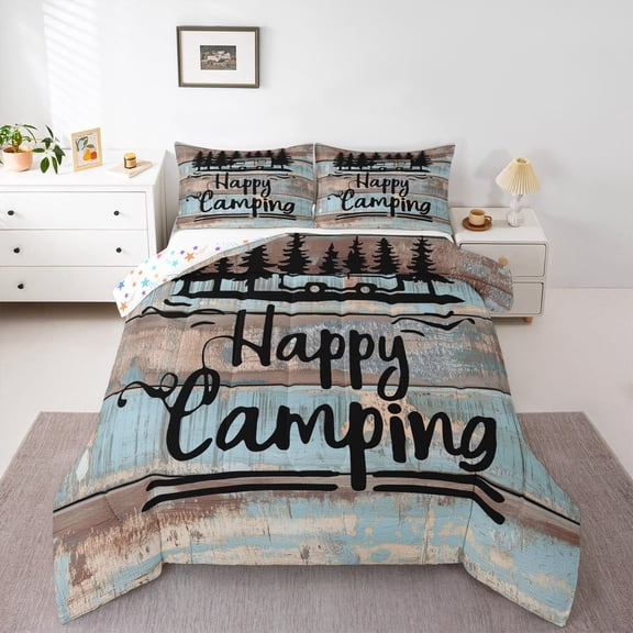 jejeloiu Happy Camping Queen Comforter Set,Camper Theme Bedding Sets,Rustic Farmhouse Cabin Bedding Comforter Set For Children,Microfiber Bedroom Decor Reversible,3-Piece