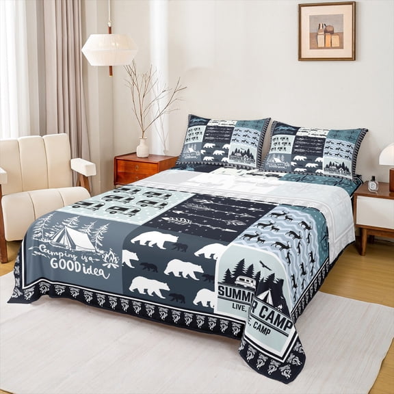 jejeloiu Happy Camping Twin Sheet Sets,Wild Bear Deer Twin Fitted Sheet,Blue Black Flat Sheet For Boys Kids,Super Cozy Room Decor,3 Pieces