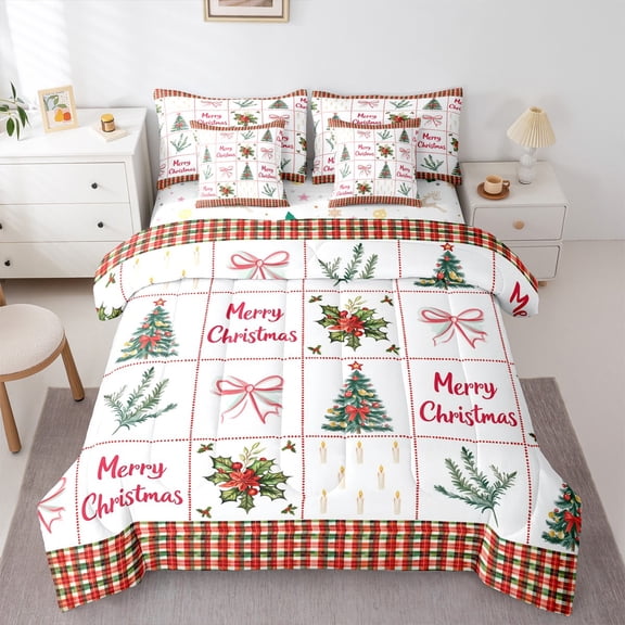 jejeloiu Happy Christmas Bedding Comforter Set 7-Piece,Chic Xmas Tree King Bedding Sets,Red Berry Bowtie Bed Sheets For Teens,Microfiber Bedroom Decor Reversible