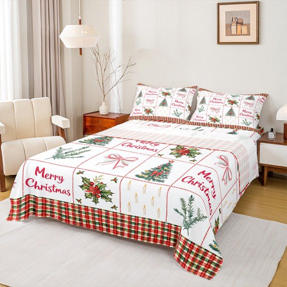 jejeloiu Happy Christmas Queen Sheet Sets,Chic Xmas Tree Flat Sheet,Red Berry Bowtie Queen Fitted Sheet For Teens,Microfiber Bedroom Decor,4-Piece