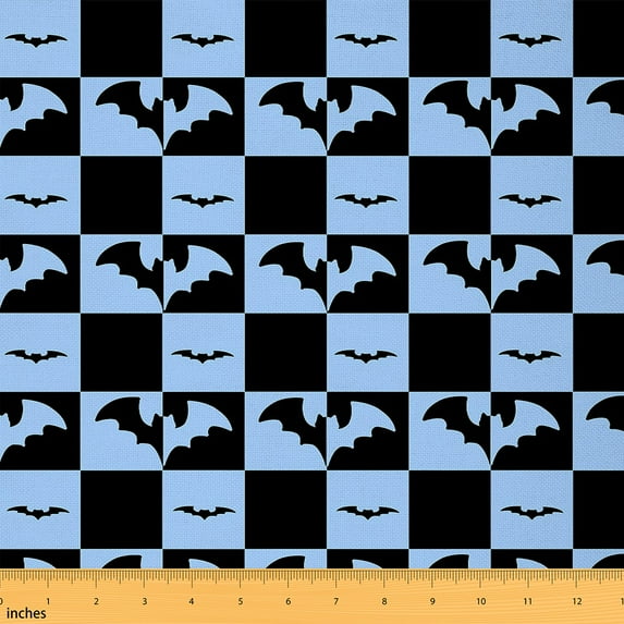 jejeloiu Happy Halloween Bat Fabric by the Yard 3 Yards,Modern Geometric Plaid Sewing Fabric,Blue Black Fabric for Sewing For Teens Boys,Super Cozy Room Decor