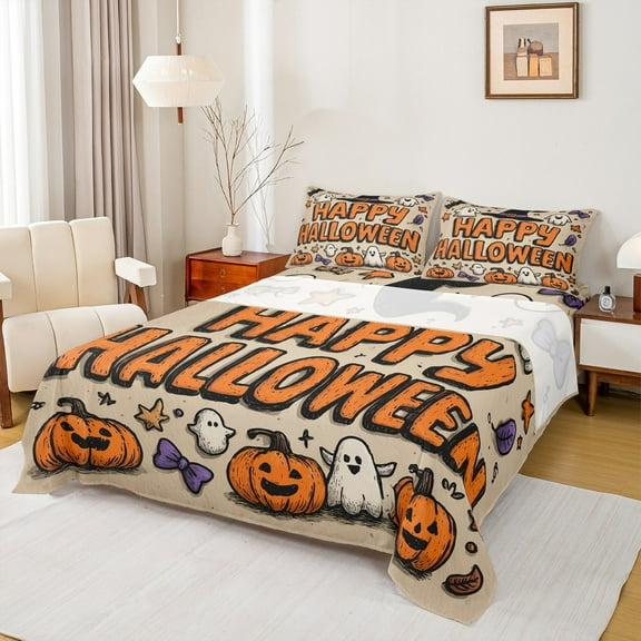 jejeloiu Happy Halloween Bed Sheets,Cute Ghost Pumpkin King Sheets,Graffiti Hippie Sheet Set For Children,Lightweight Room Decor,4-Piece
