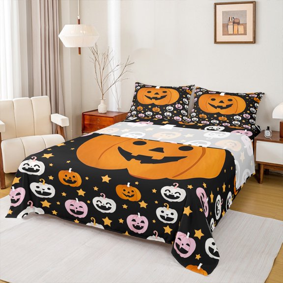 jejeloiu Happy Halloween Bed Sheets,Funny Pumpkin King Sheets,Orange Black Pink Sheet Set For Children,Lightweight Room Decor,4 Pieces