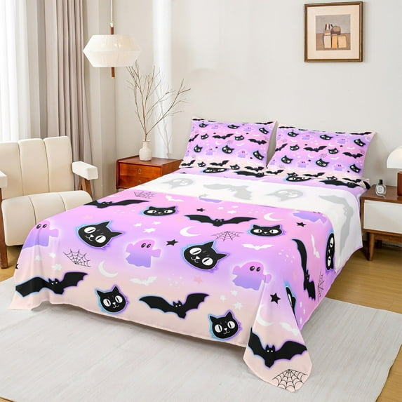 jejeloiu Happy Halloween Bed Sheets,Ghost Bat Cat King Sheets,Pink Purple Ombre Sheet Set,Lightweight Room Decoration,4-Piece