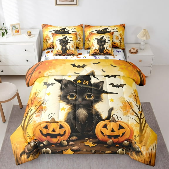 jejeloiu Happy Halloween Bedding Comforter Set 7pcs,Autumn Harvest Pumpkin Queen Bedding Sets,Spooky Bats Queen Sheet Sets For Teen,Microfiber Bedroom Decoration Reversible