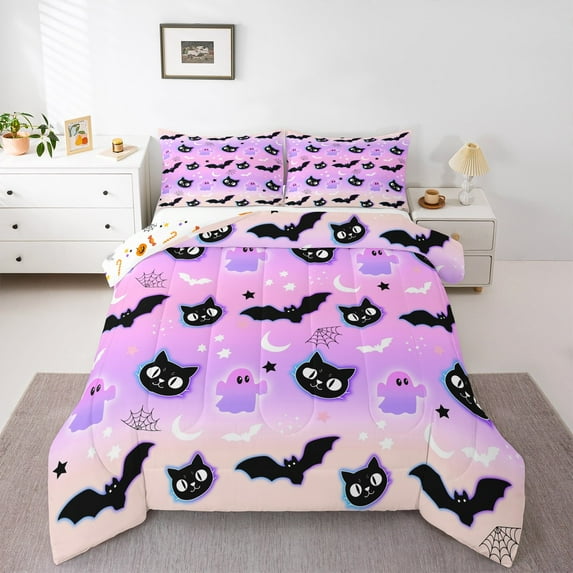 jejeloiu Happy Halloween Bedding Comforter Set,Ghost Bat Cat Twin Comforter Sets,Pink Purple Ombre Bedding Set,Lightweight Room Decoration Reversible,2-Piece