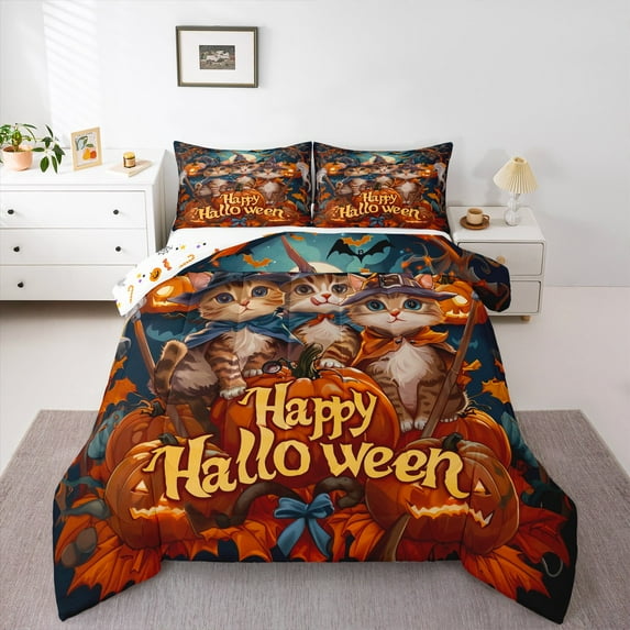 jejeloiu Happy Halloween Bedding Comforter Set,Orange Pumpkin Maples Twin Comforter Sets,Lovely Cat Kitten Bedding Set,Super Cozy Room Decor Reversible,2-Piece