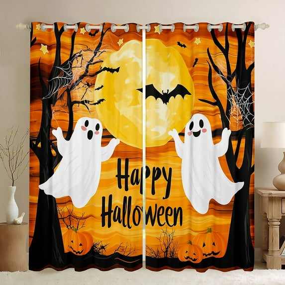 jejeloiu Happy Halloween Black Out Curtains,Cute Cartoon Ghost Curtains Pack of 2 (42x63 Each),Kawaii Pumpkin Lantern Bedroom Curtains For Boy Girl,Breathable Home Decor