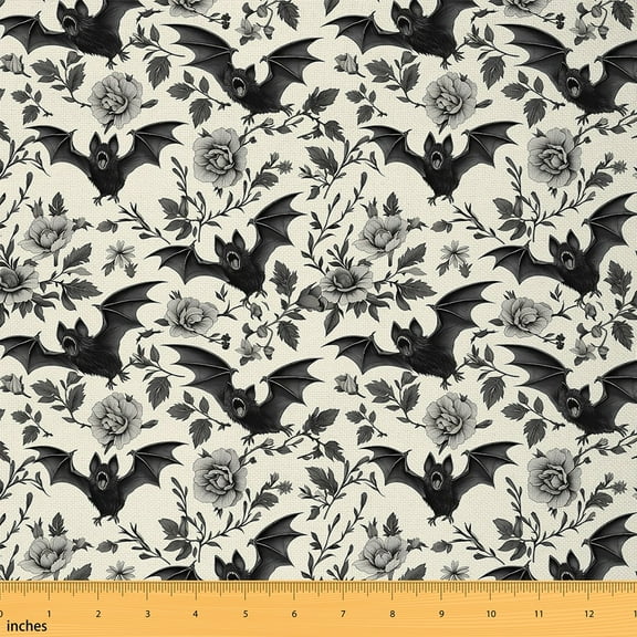 jejeloiu Happy Halloween Fabric by the Yard 1 Yard,Flying Animal Bats Home Decor Fabric by the Yard,Rustic Flower Floral Sewing Fabric For Teens,Ultra Soft Home Decor