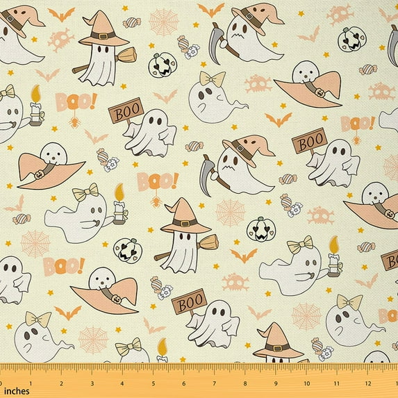 jejeloiu Happy Halloween Fabric by the Yard 3 Yards,Funny Ghost Sewing Fabric,Lightyellow Witch Hat Fabric for Sewing For Child,Microfiber Bedroom Decor