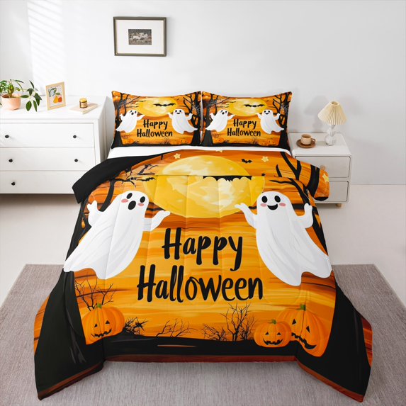 jejeloiu Happy Halloween Full Size Comforter Sets,Cute Cartoon Ghost Bedding Comforter Set,Kawaii Pumpkin Lantern Bedding Sets For Boy Girl,Breathable Home Decor Reversible,3-Piece