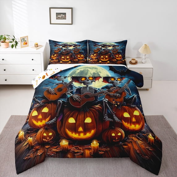 jejeloiu Happy Halloween Full Comforter Set,Pumpkin Lantern,Gothic Skeleton Guitar,3-Piece Reversible