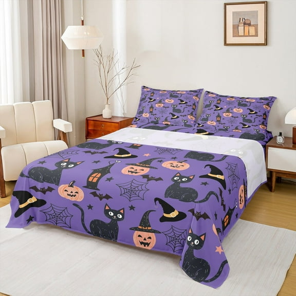 jejeloiu Happy Halloween Queen Sheet Sets,Pimpkin Cats Bats Flat Sheet,Black Spider Webs Queen Fitted Sheet For Girls Boys,Luxury Bedroom Decor,4-Piece