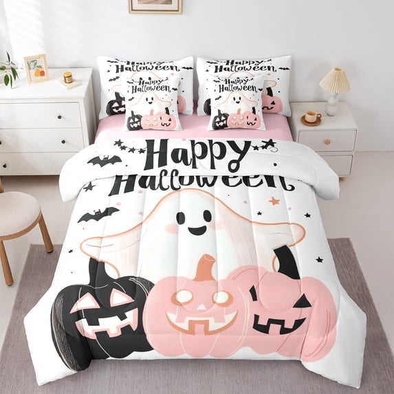 jejeloiu Happy Halloween Twin Bedding Sets 7-Piece,Spooky Pumpkin Ghost Bedding Comforter Set,Pink White Black Sheet Sets For Girls,Ultra Soft Home Decor Reversible