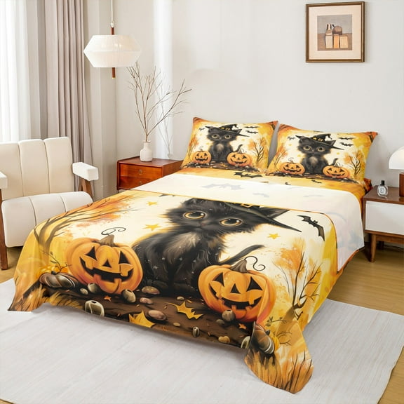 jejeloiu Happy Halloween Twin Sheet Sets,Autumn Harvest Pumpkin Twin Fitted Sheet,Spooky Bats Flat Sheet For Teen,Microfiber Bedroom Decoration,3pcs