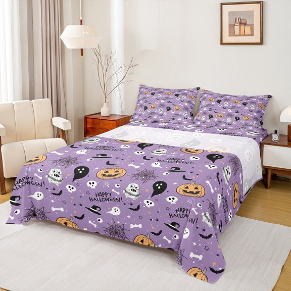 jejeloiu Happy Halloween Twin Sheet Sets,Gothic Spider Webs Twin Fitted Sheet,Spooky Pumpkin Lantern Flat Sheet For Teens,Ultra Soft Home Decor,3 Pieces