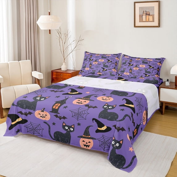 jejeloiu Happy Halloween Twin Sheet Sets,Pimpkin Cats Bats Twin Fitted Sheet,Black Spider Webs Flat Sheet For Girls Boys,Luxury Bedroom Decor,3 Pieces