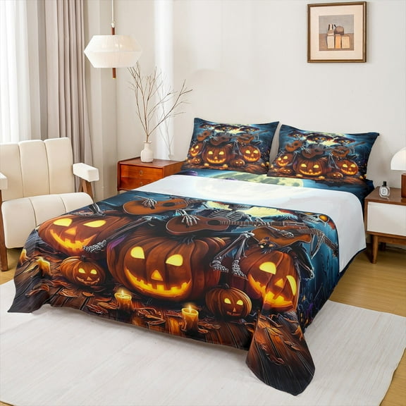 jejeloiu Happy Halloween Pumpkin Lantern Gothic Skeleton Guitar Twin Sheet Set,Luxury Children Bedding,3 Pieces