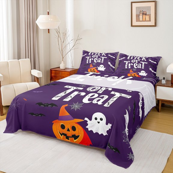 jejeloiu Happy Halloween Twin Sheet Sets,Trick Or Treat Twin Fitted Sheet,Cute Ghost Pumpkin Flat Sheet For Children,Luxury Bedroom Decor,3-Piece