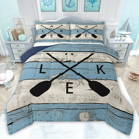 jejeloiu Happy Lake Time Twin Comforter Sets,Black Blue Beige Bedding Set For Men Women Reversible 2 Pieces