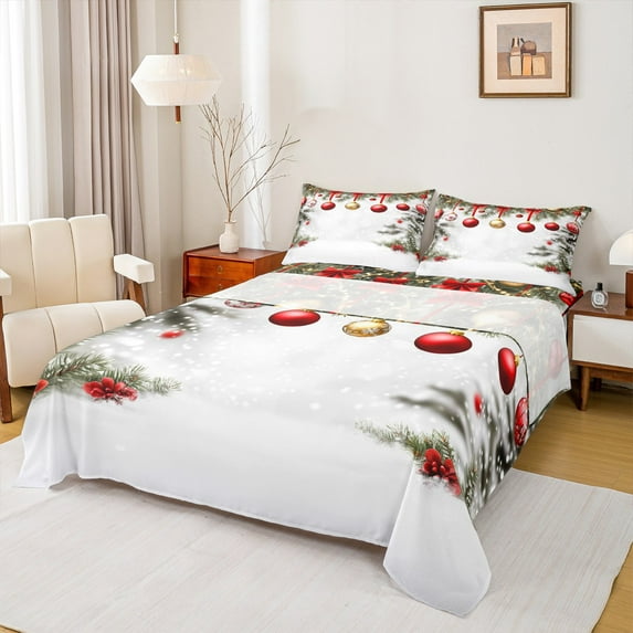 jejeloiu Happy New Year Bed Sheets,Christmas Balls King Sheets,Marry Xmas Tree Sheet Set For Boys Girls,Lightweight Bedroom Decoration,4pcs