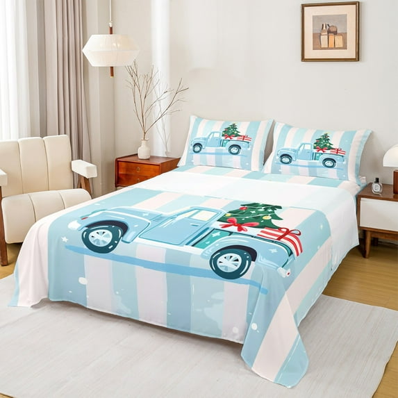 jejeloiu Happy New Year Bed Sheets,Girl Christmas Gift King Sheets,Green Xtmas Tree Sheet Set For Child,Ultra Soft Home Decor,4pcs