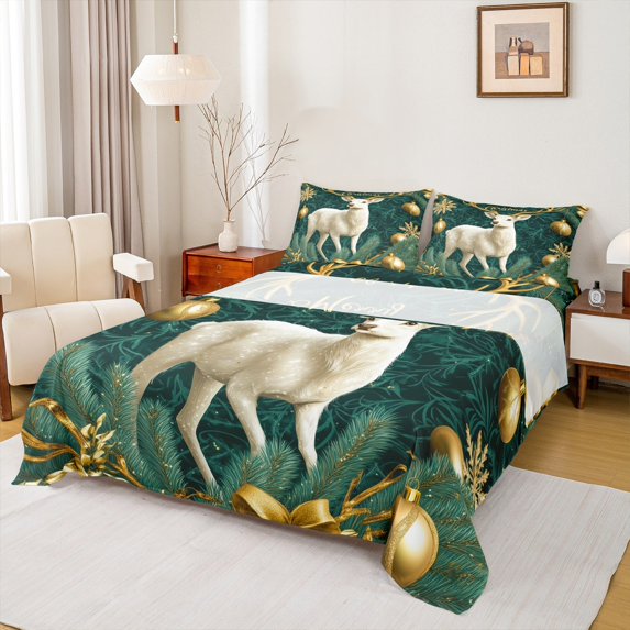 jejeloiu Happy New Year Bed Sheets,Green Christmas Tree King Sheets,Gold Balls Bowtie Sheet Set For Teens,Microfiber Bedroom Decor,4pcs