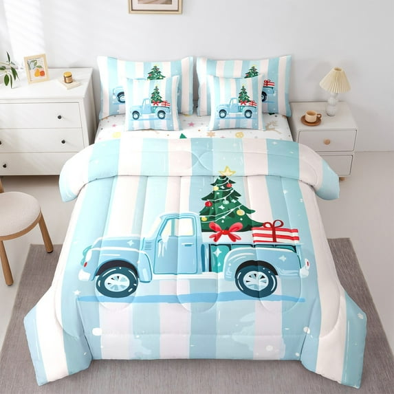 jejeloiu Happy New Year Bedding Comforter Set 7 Pieces,Girl Christmas Gift Full Bedding Set,Green Xtmas Tree Fitted Sheet Flat Sheet For Child,Ultra Soft Home Decor Reversible