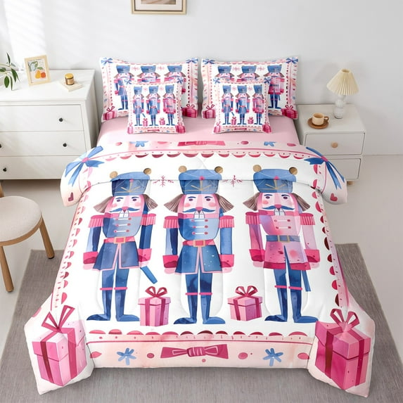 jejeloiu Happy New Year Bedding Comforter Set 7 Pieces,Pink Blue Gifts Full Bedding Set,Christmas Nutcraker Soldier Fitted Sheet Flat Sheet For Teens,Ultra Soft Home Decor Reversible