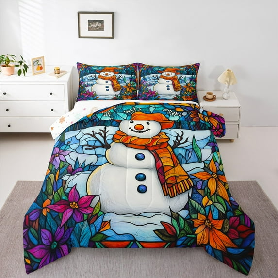 jejeloiu Happy New Year Bedding Comforter Set,Christmas Snowmen Twin Comforter Sets,Colorful Rustic Flower Bedding Set For Girl Boys,Ultra Soft Bedroom Decorative Reversible,2pcs