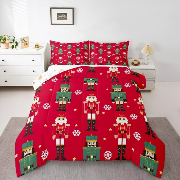 jejeloiu Happy New Year Bedding Comforter Set,Red Green Twin Comforter Sets,Christmas Nutcraker Soldier Bedding Set For Teens,Ultra Soft Home Decor Reversible,2pcs