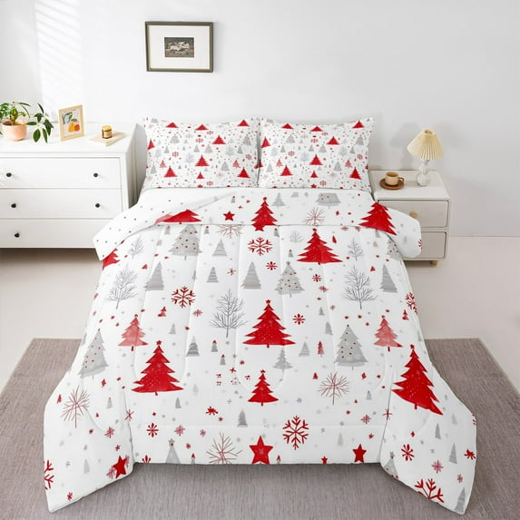 jejeloiu Happy New Year Full Size Comforter Sets,Cute Christmas Tree Bedding Comforter Set,Red White Snowflake Bedding Sets For Child,Ultra Soft Home Decor Reversible,3-Piece