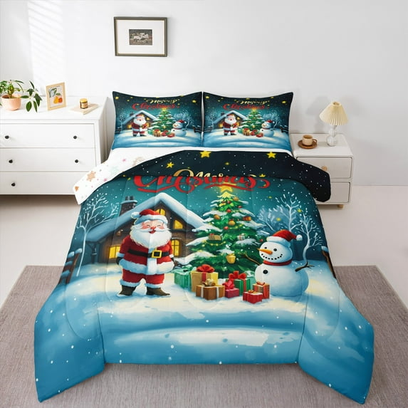jejeloiu Happy New Year Full Size Comforter Sets,Merry Christmas Gifes Bedding Comforter Set,Xmas Tree Snowmen Bedding Sets For Children,Microfiber Bedroom Decor Reversible,3 Pieces