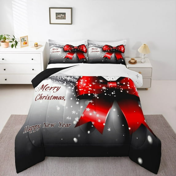 jejeloiu Red Bowtie Bowknot Merry Christmas Happy New Year Full Comforter Set,Reversible Lightweight Kids Bedding,3 Pieces
