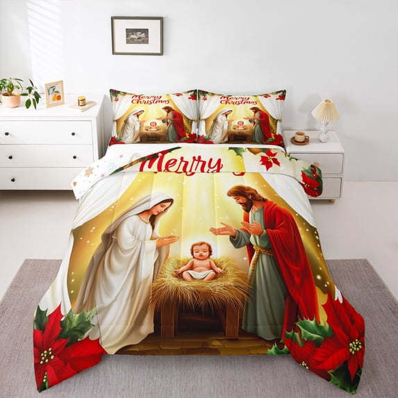 jejeloiu Happy New Year Queen Comforter Set,Christmas Religious-Themed Bedding Sets,Marry Xmas Bedding Comforter Set For Teens,Ultra Soft Home Decor Reversible,3pcs