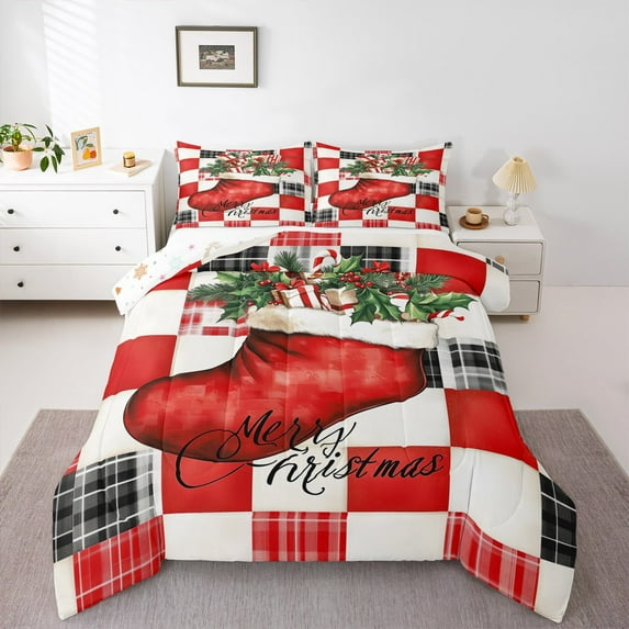 jejeloiu Happy New Year Queen Comforter Set,Red Christmas Gifts Bedding Sets,Geometric Plaid Bedding Comforter Set For Boys Girls,Lightweight Bedroom Decoration Reversible,3pcs