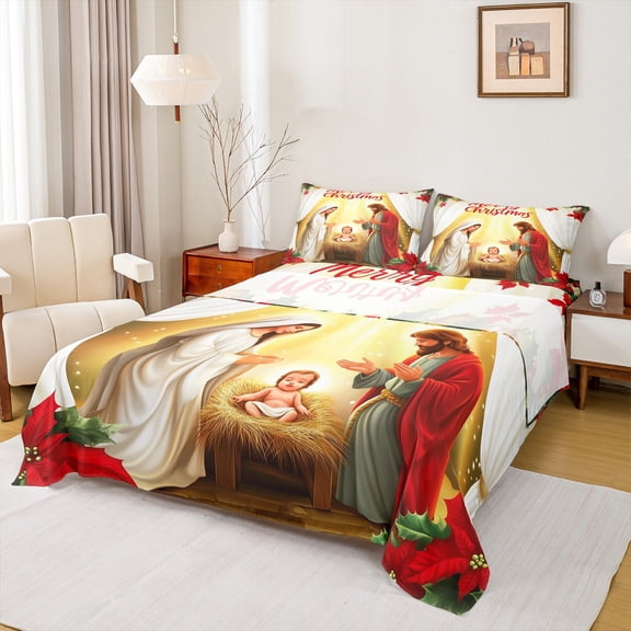 jejeloiu Christmas Winter Queen 4 Piece Bed Sheet Set for Teens