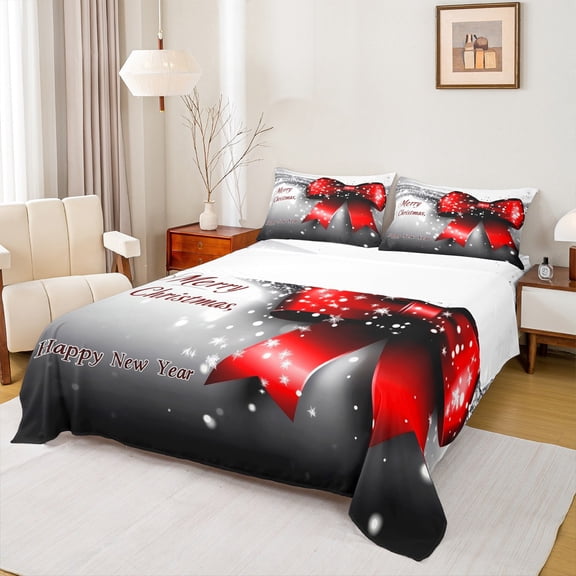 jejeloiu Happy New Year Red Bowtie Bowknot Merry Christmas Queen Sheet Set,Lightweight Kids Bedding,4pcs