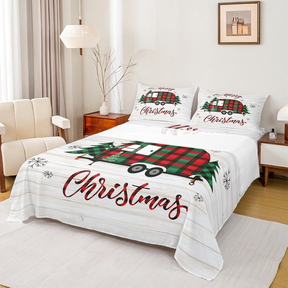 jejeloiu Happy New Year Christmas Camp Car Old Barn Door Twin Sheet Set,Ultra Soft Kids Bedding,3pcs