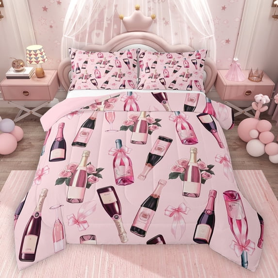 jejeloiu Happy Valentine Day Full Size Comforter Sets,Kawaii Bow Tie Bedding Comforter Set,Pink Flower Floral Bedding Sets For Men Women,Luxury Bedroom Decor Reversible,3-Piece