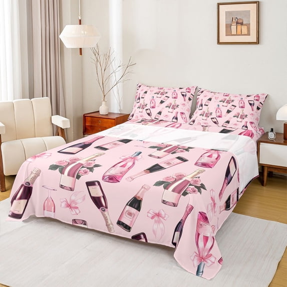 jejeloiu Valentine Bow Queen 4-Piece Luxury Pink Floral Kawaii Sheet Set